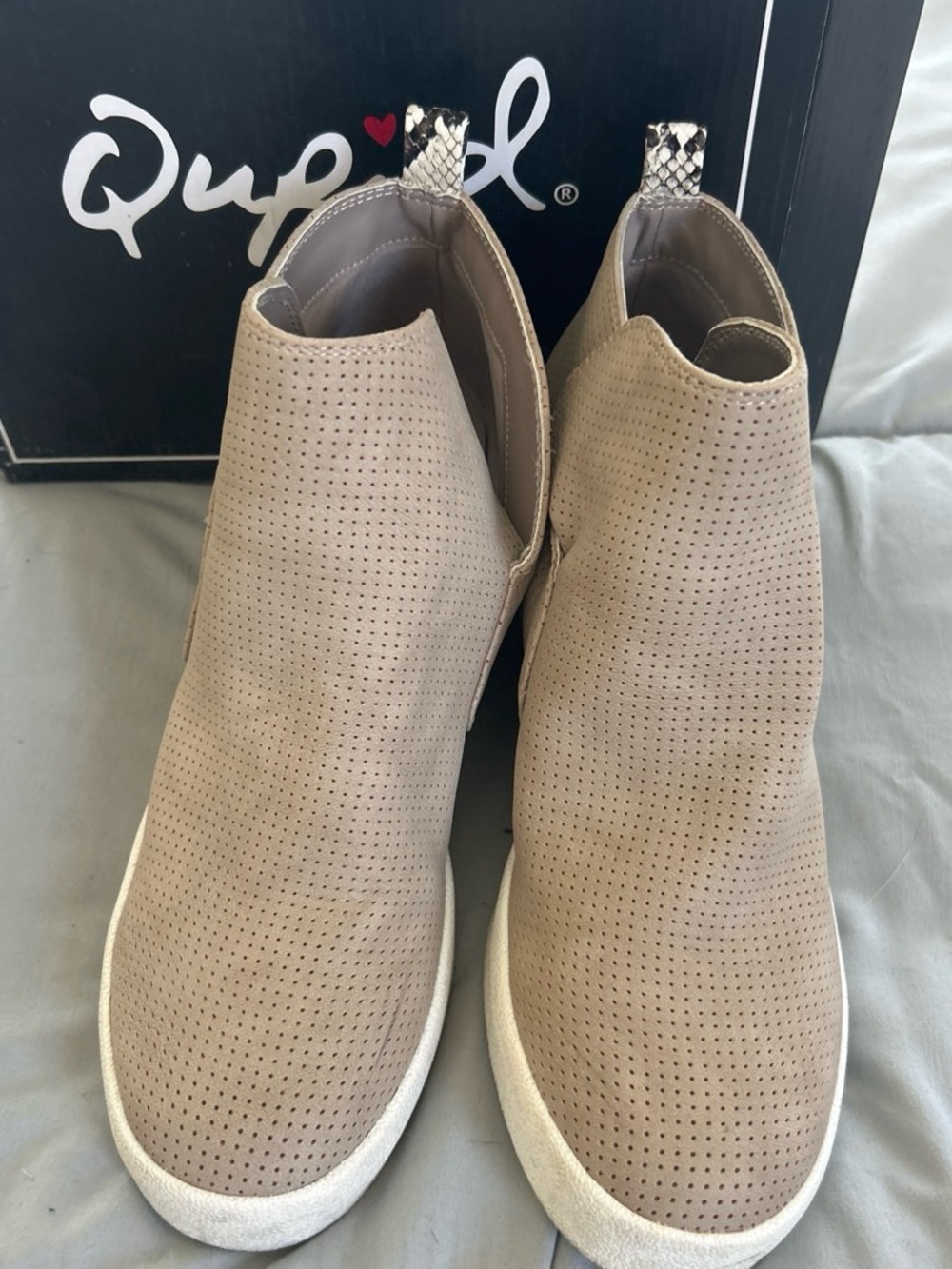 Qupid Taupe Perforated Slip-On Ankle Booties